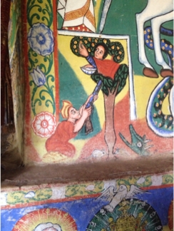 Painting in Debre Maryam of Adam shooting Eve