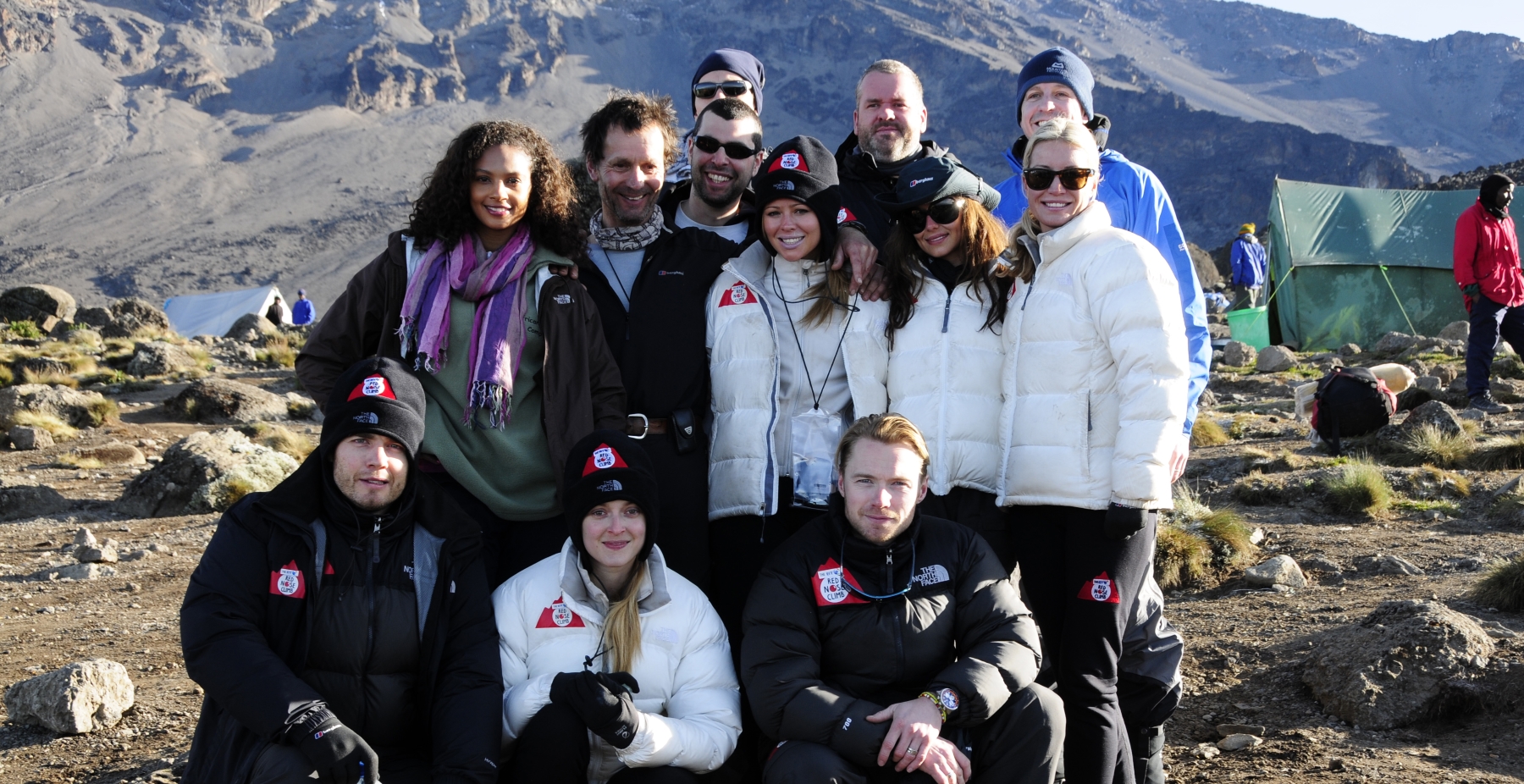 Celebrity group photo during 2009 Red Nose Day Kilimanjaro climb in support of Comic Relief