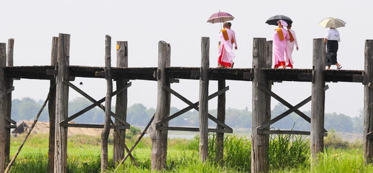 Nuns on U Bein Bridge in Mandalay, Myanmar (Burma)
